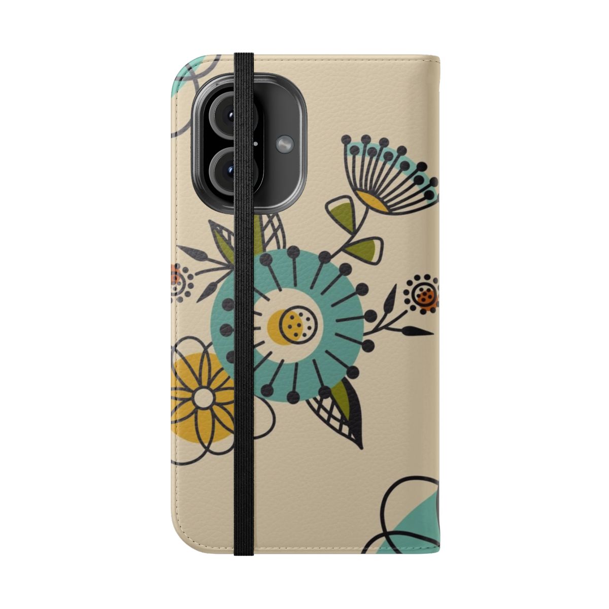 Vibrant mid century modern style floral pattern on a smartphone flip cover case. - Folded Front