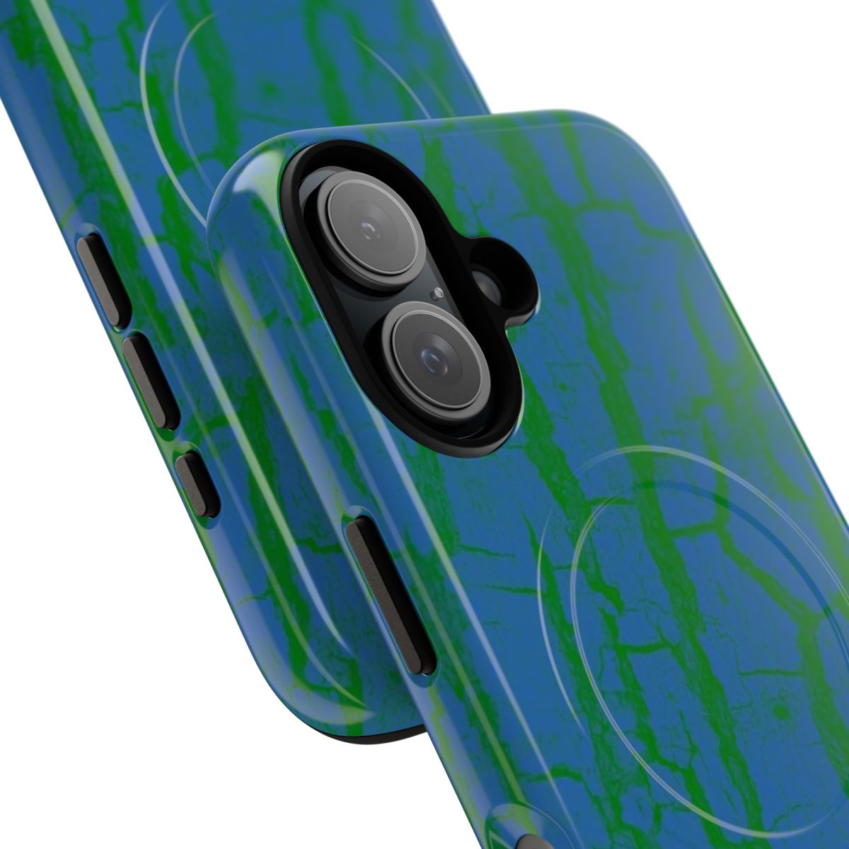 Closeup of a wood grain texture in vibrant blue colors, showcasing the natural patterns and organic element of this eco-friendly phone case. - Detail