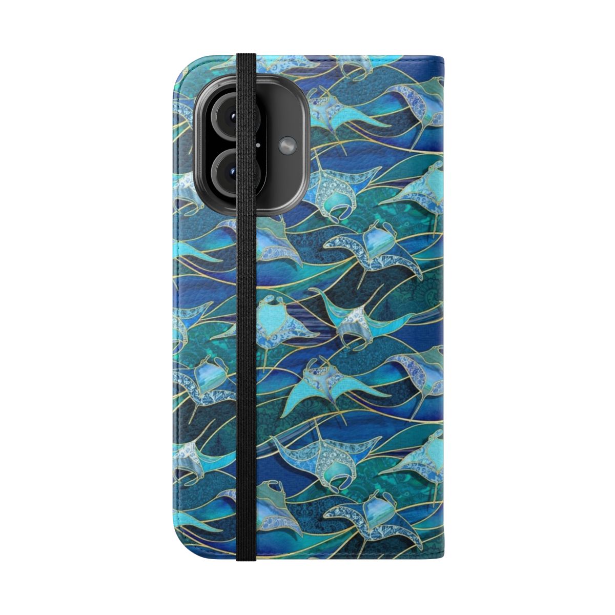 Patchwork design featuring blue manta rays on a flip cover phone case. - Folded Front