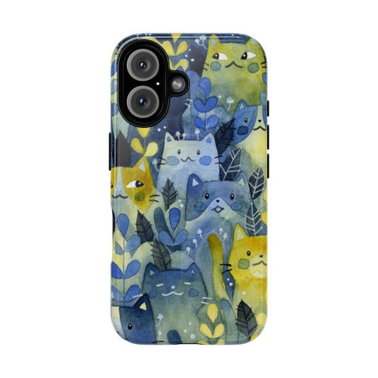 Watercolor painting of a whimsical forest scene with cats, leaves, and flowers on a magnetic phone case