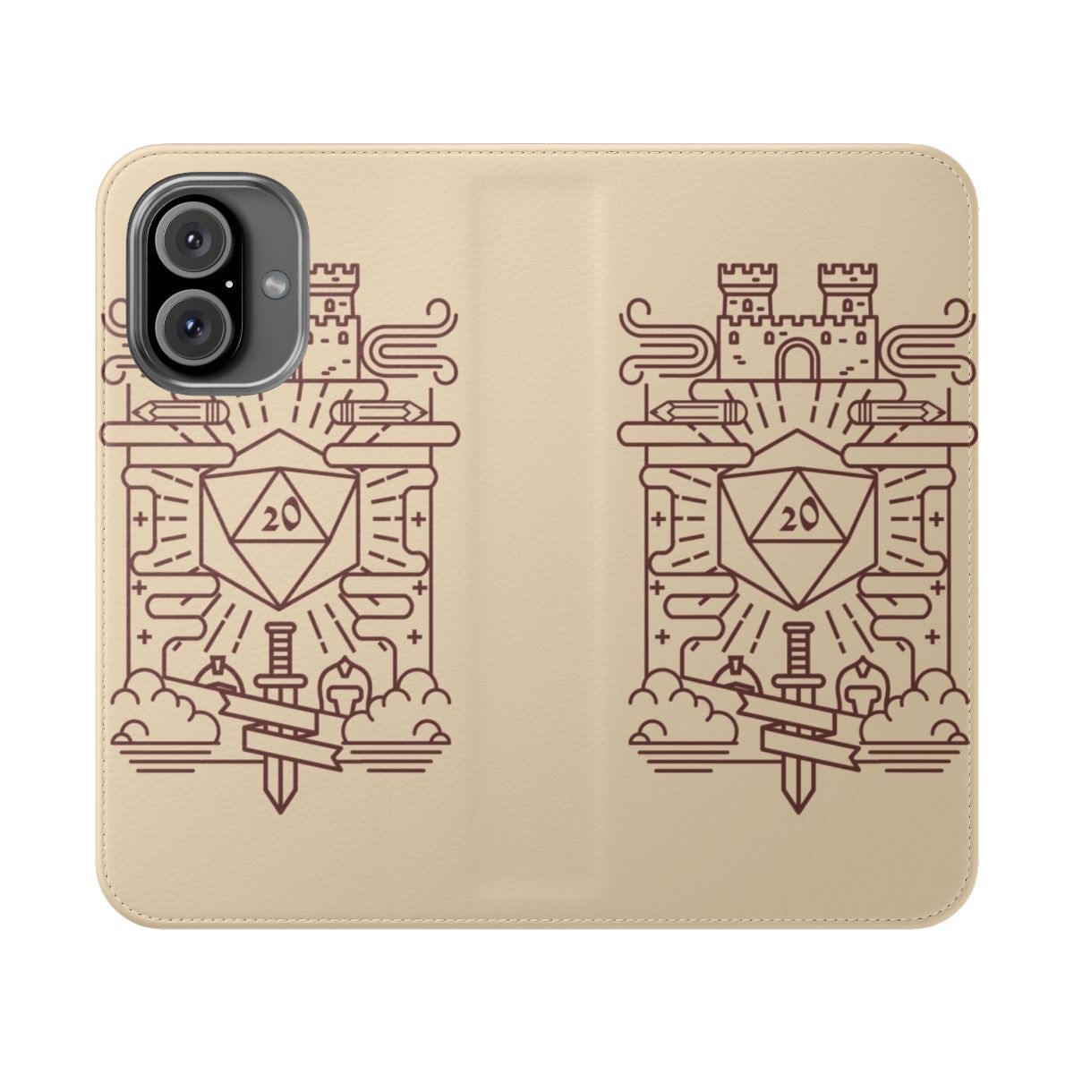 Minimalist phone case with a retro game-inspired design featuring dice and dragons.