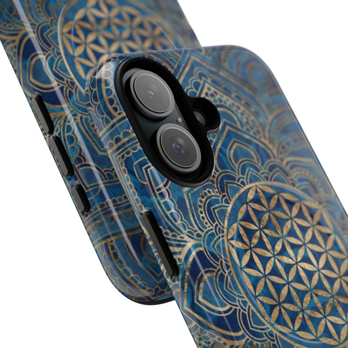 Blue marble and gold Flower of Life mandala phone case, featuring sacred geometry and a lotus symbol. - Detail