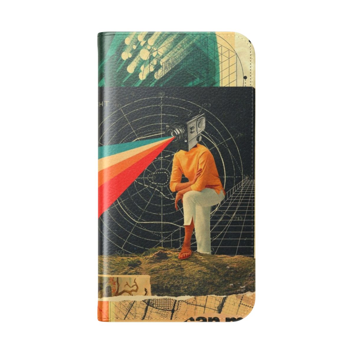 Vibrant and artistic flip phone case with a surreal collage design in retro colors - Folded Back