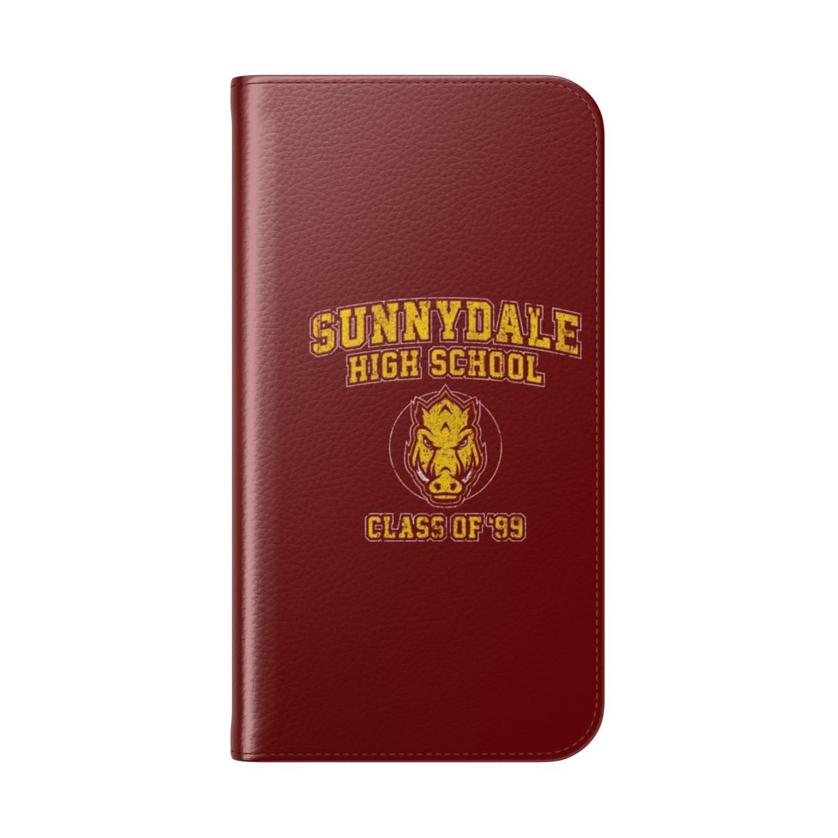 Flip cover phone case featuring the Sunnydale High School Class of '99 logo and characters from Buffy the Vampire Slayer. - Folded Back