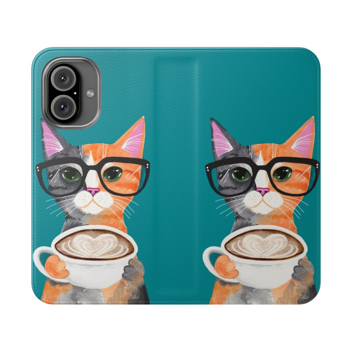 A whimsical flip phone case featuring a calico kitten painted in latte art style.