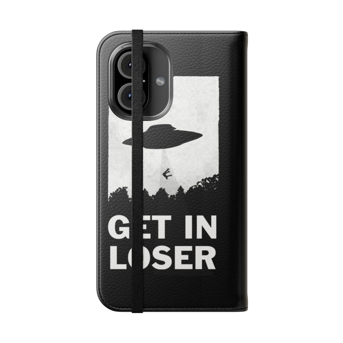 Flip cover phone case featuring a "Get in Loser" design with a flying saucer, aliens, and sci-fi elements. - Folded Front