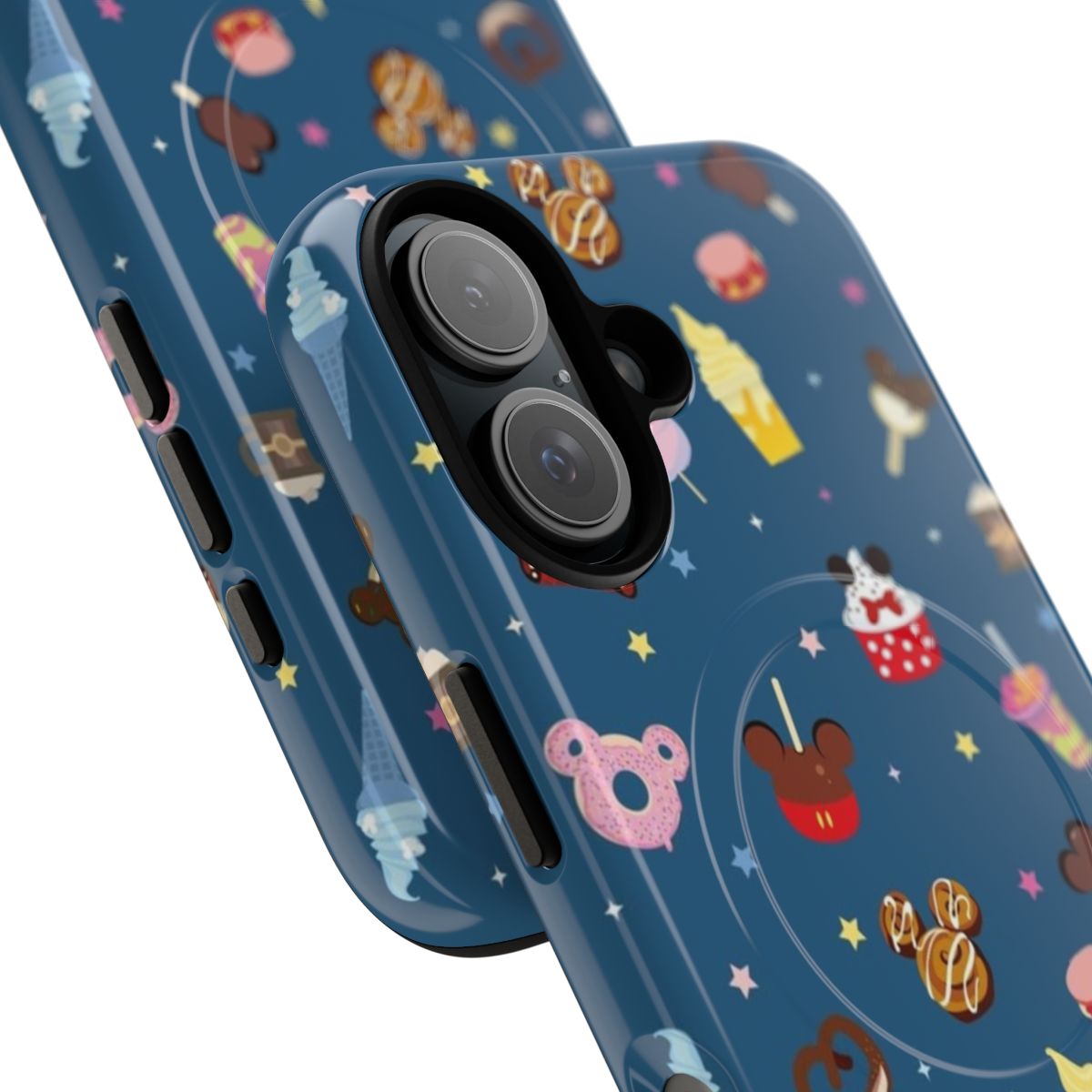 Magical kingdom-themed phone case featuring a kawaii pattern with icons of donuts, candied apples, dole whip, and other Disney-inspired treats. - Detail