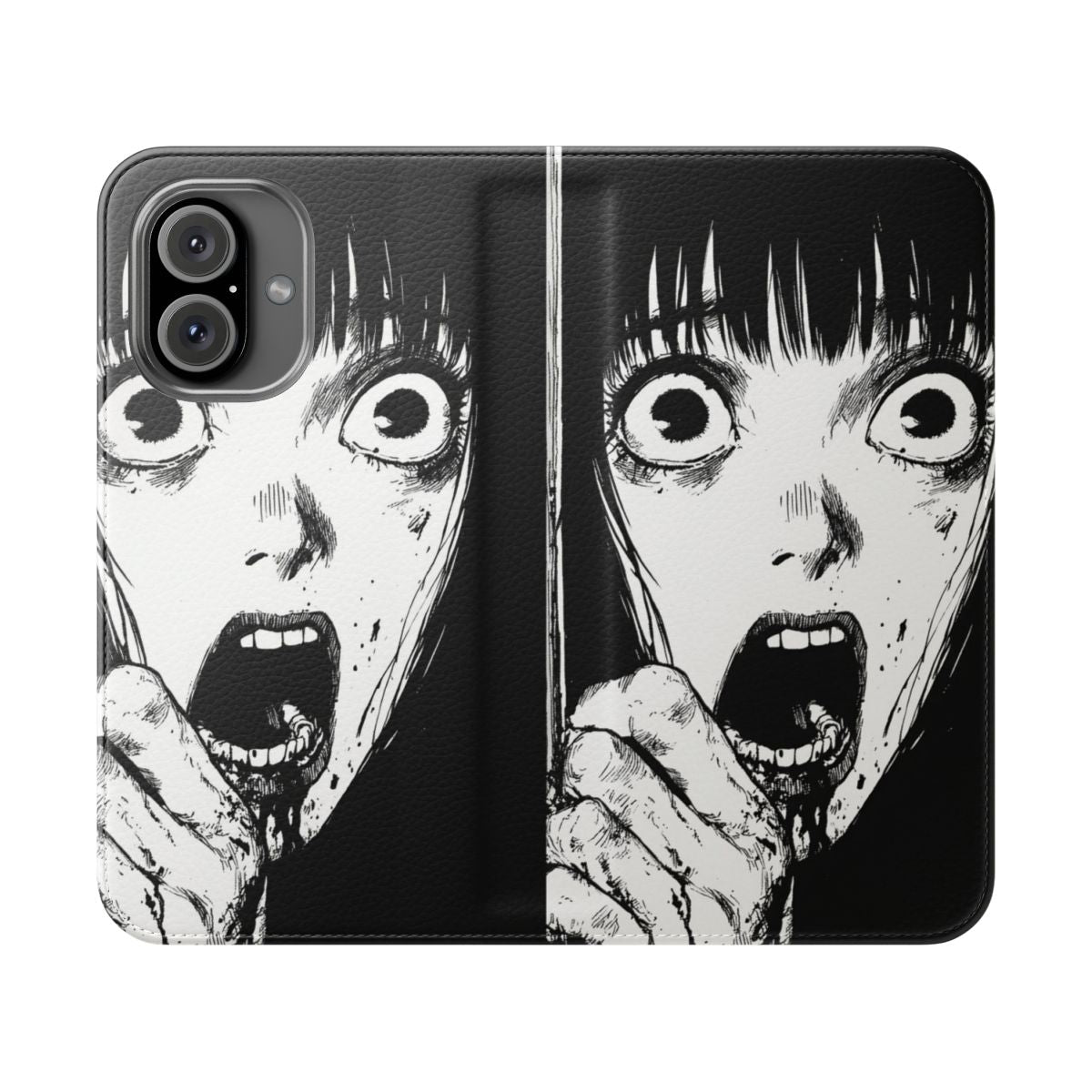 Flip cover phone case with a haunting zombie design