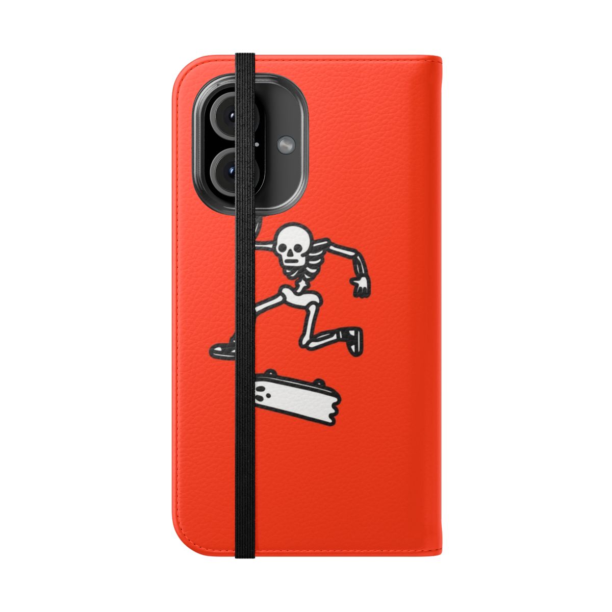 Spooky skater-inspired flip cover phone case with a skull, skateboard, and skeleton design - Folded Front