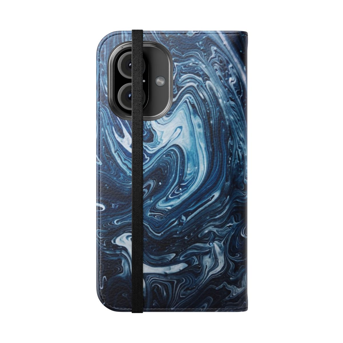 Abstract marble print phone case with dark blue and white swirl design - Folded Front