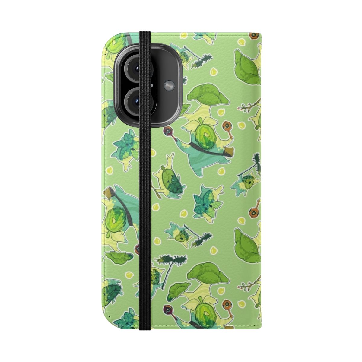 A green and brown phone case with a repeating Korok pattern, inspired by The Legend of Zelda: Breath of the Wild. - Folded Front