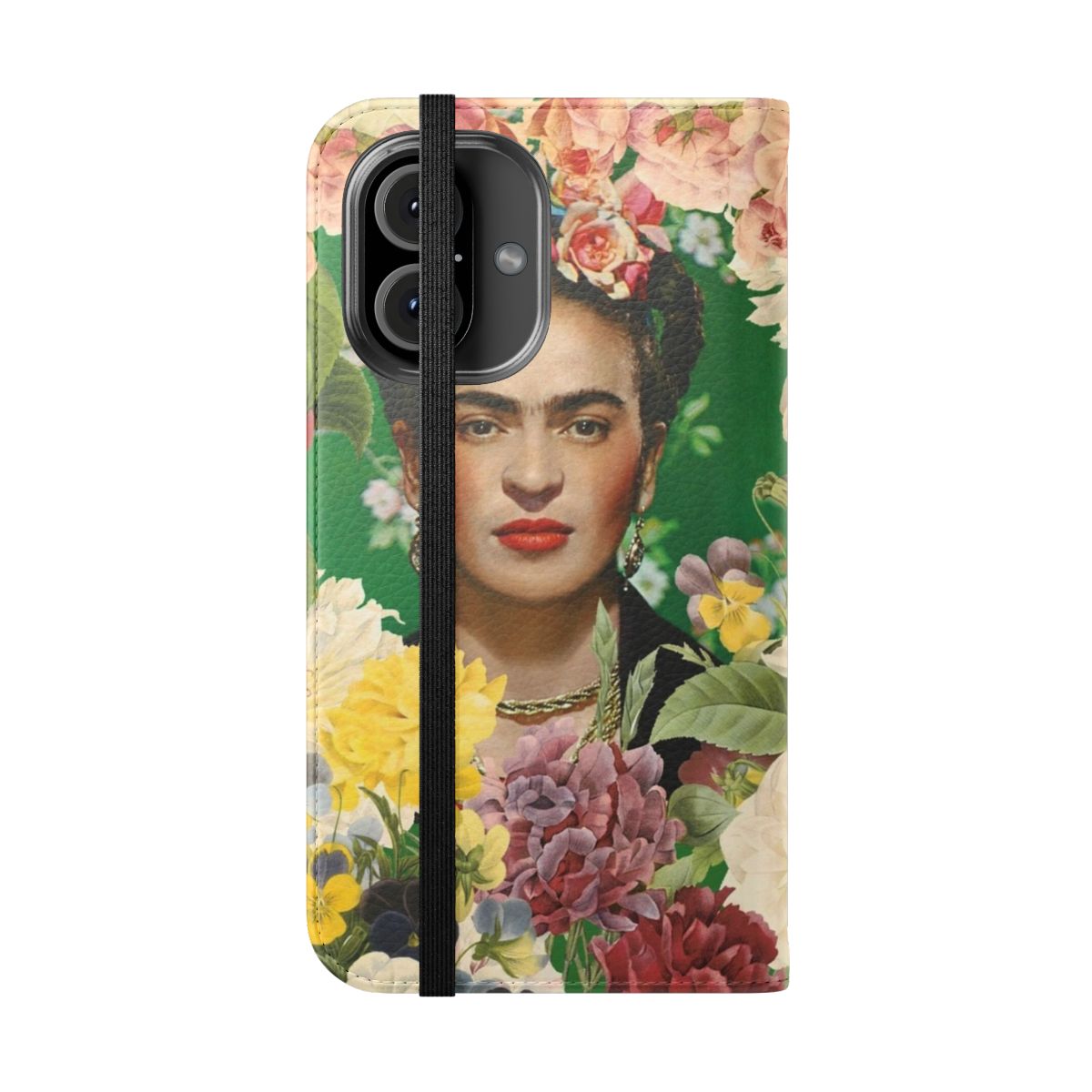 Colorful flip cover phone case featuring a design inspired by the iconic Mexican artist Frida Kahlo and her floral garden. - Folded Front