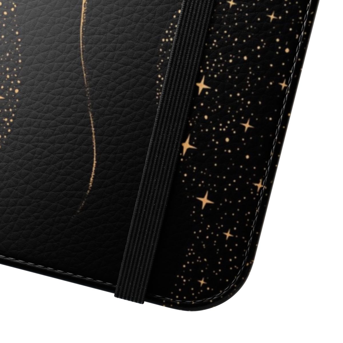 A dark gold flip cover phone case with a surreal space-themed design featuring spotted eagle rays, stingrays, and sharks swimming among the stars. - Close Up