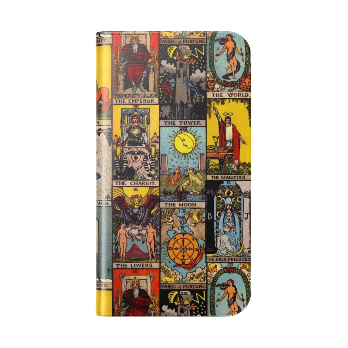 Flip phone case featuring the Major Arcana tarot card imagery in a vintage Rider-Waite-Smith style design. - Folded Back