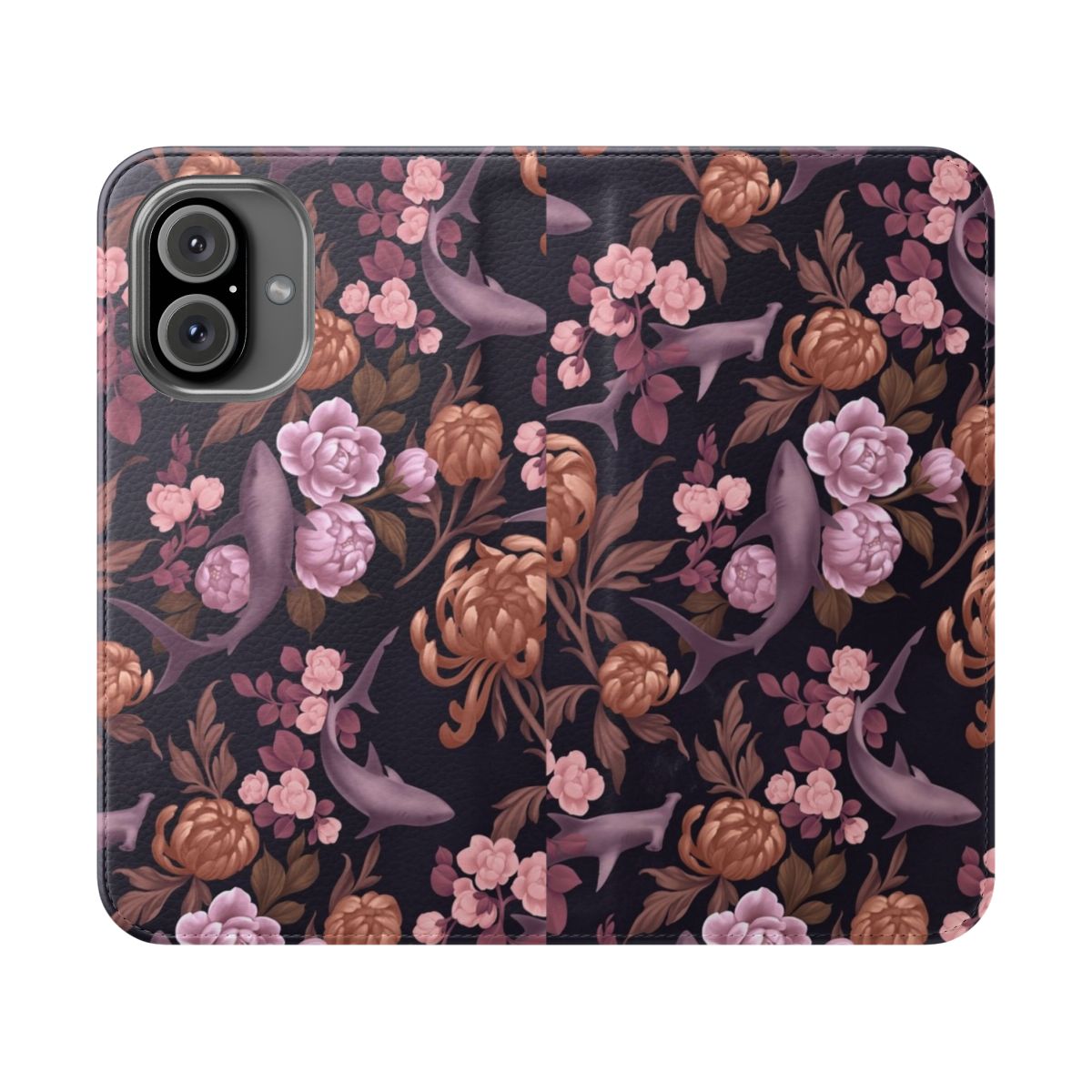 Botanical sharks floral pattern on a pink and gold phone case