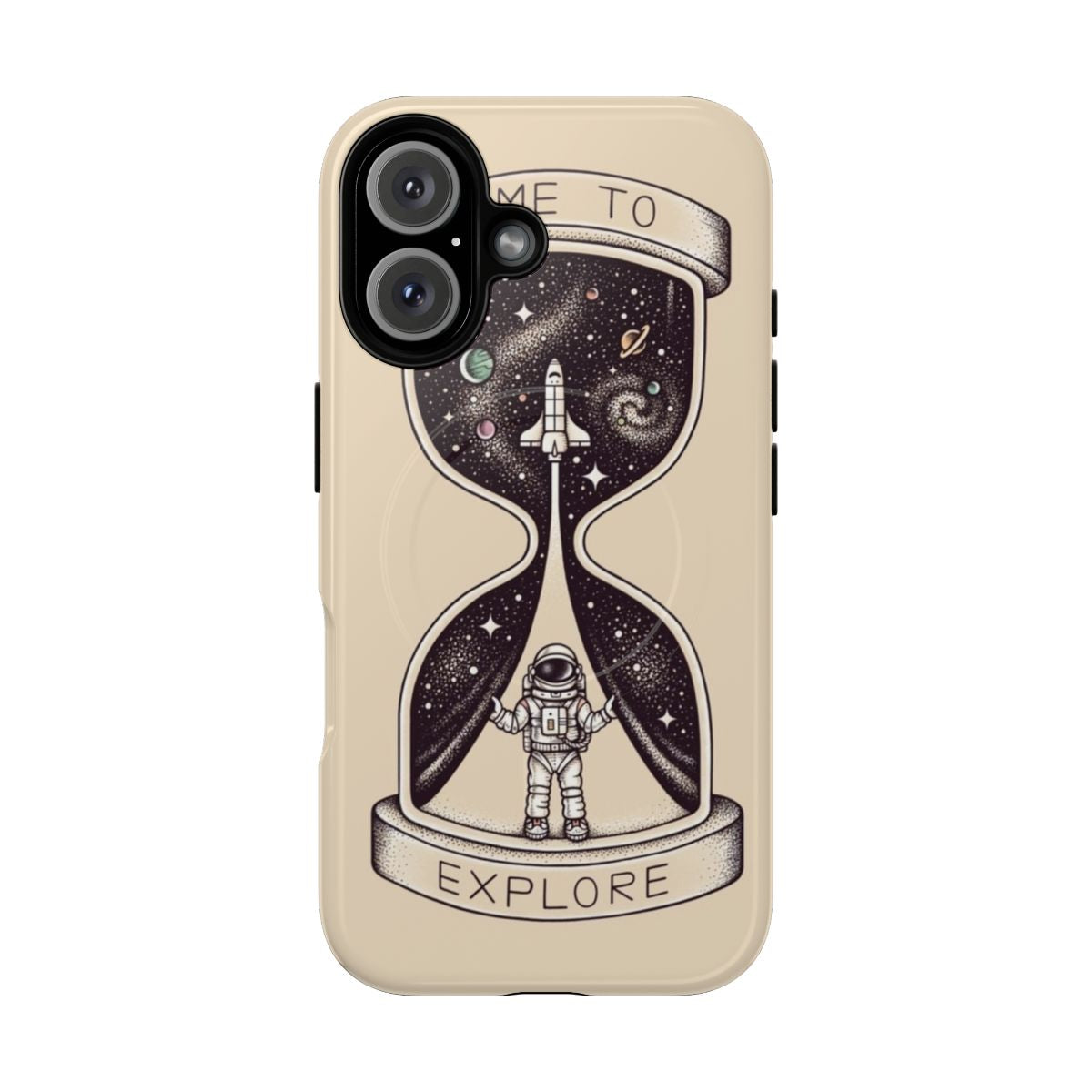 Magnetic tough phone case with astronaut, galaxy, and planets design