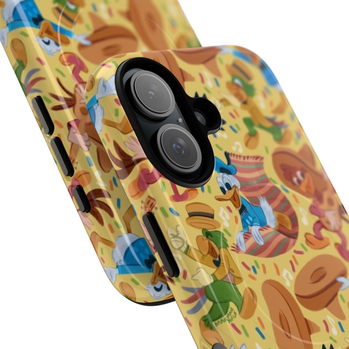 Colorful phone case with Mexican-inspired design featuring birds and zarape pattern - Detail