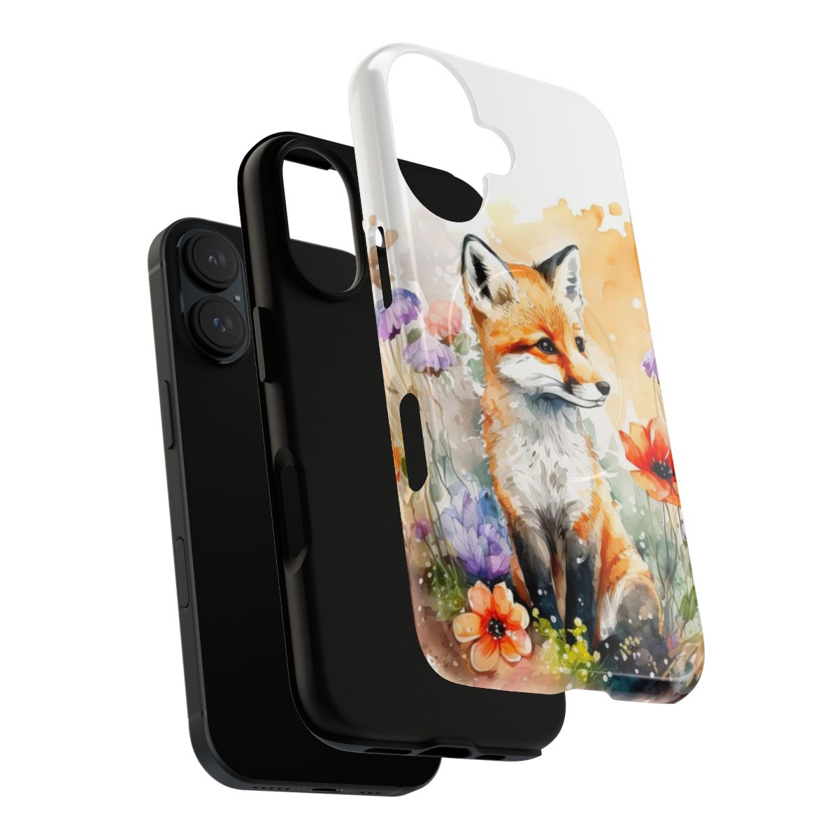 Realistic watercolor painting of a cute baby fox sitting amongst colorful flowers on a magnetic tough phone case - Layers