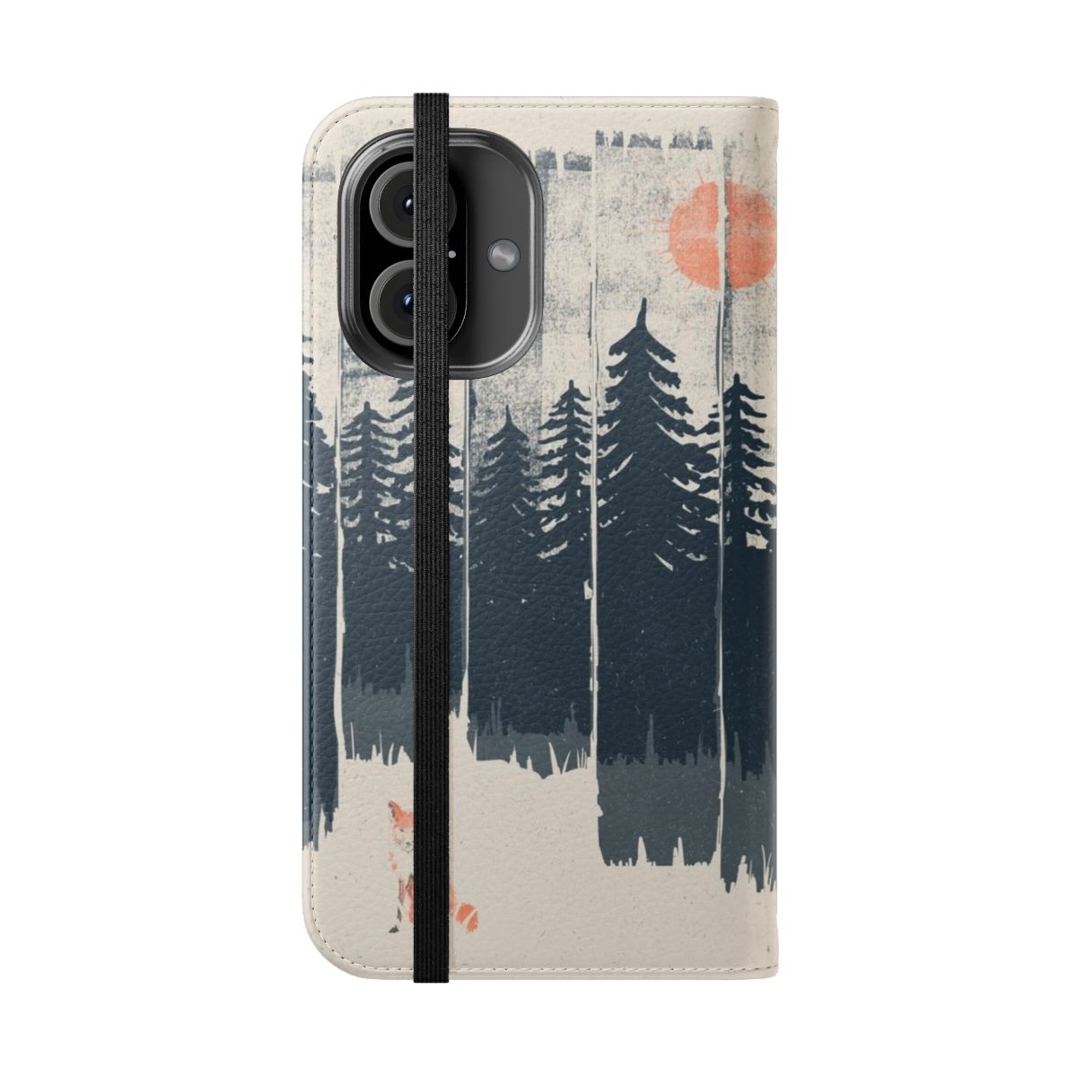 Close-up photo of a wild fox in a forest, with a phone case featuring the same design. - Folded Front