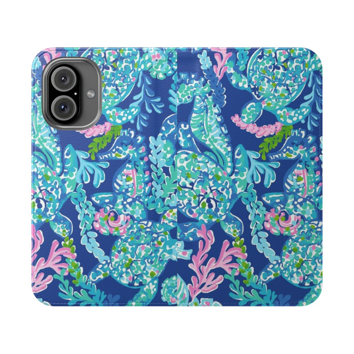 Pastel geometric phone case cover with ocean turtle and tropical leaf design