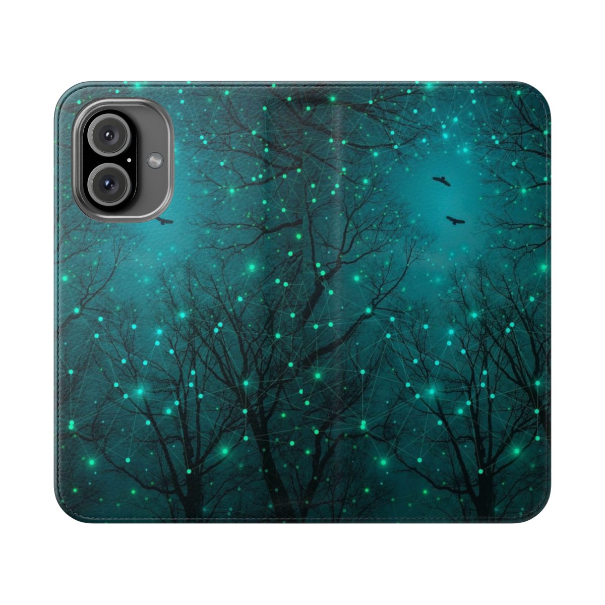 Teal and mint colored phone case with glowing geometric star and constellation patterns.