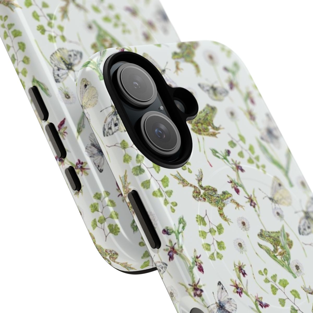 Artistic phone case featuring a watercolor painting of spring frogs and orchids in a lush, green setting. - Detail