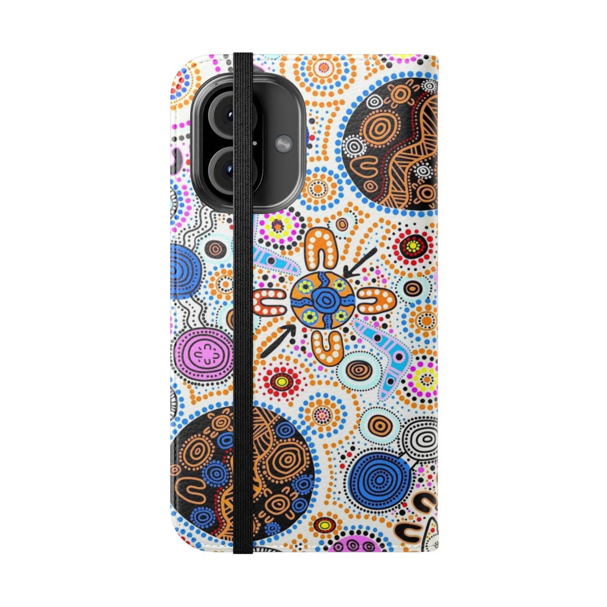 Flip cover phone case featuring authentic indigenous Australian artwork and design - Folded Front