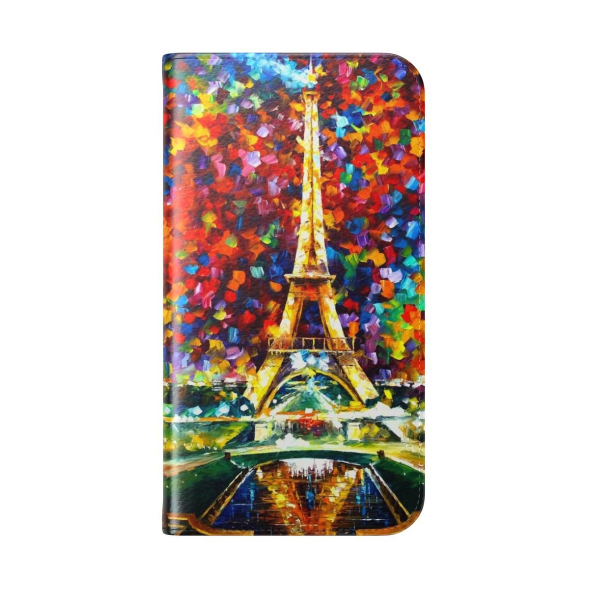 Leonid Afremov inspired flip cover phone case featuring a painting of a Paris cityscape at night. - Folded Back