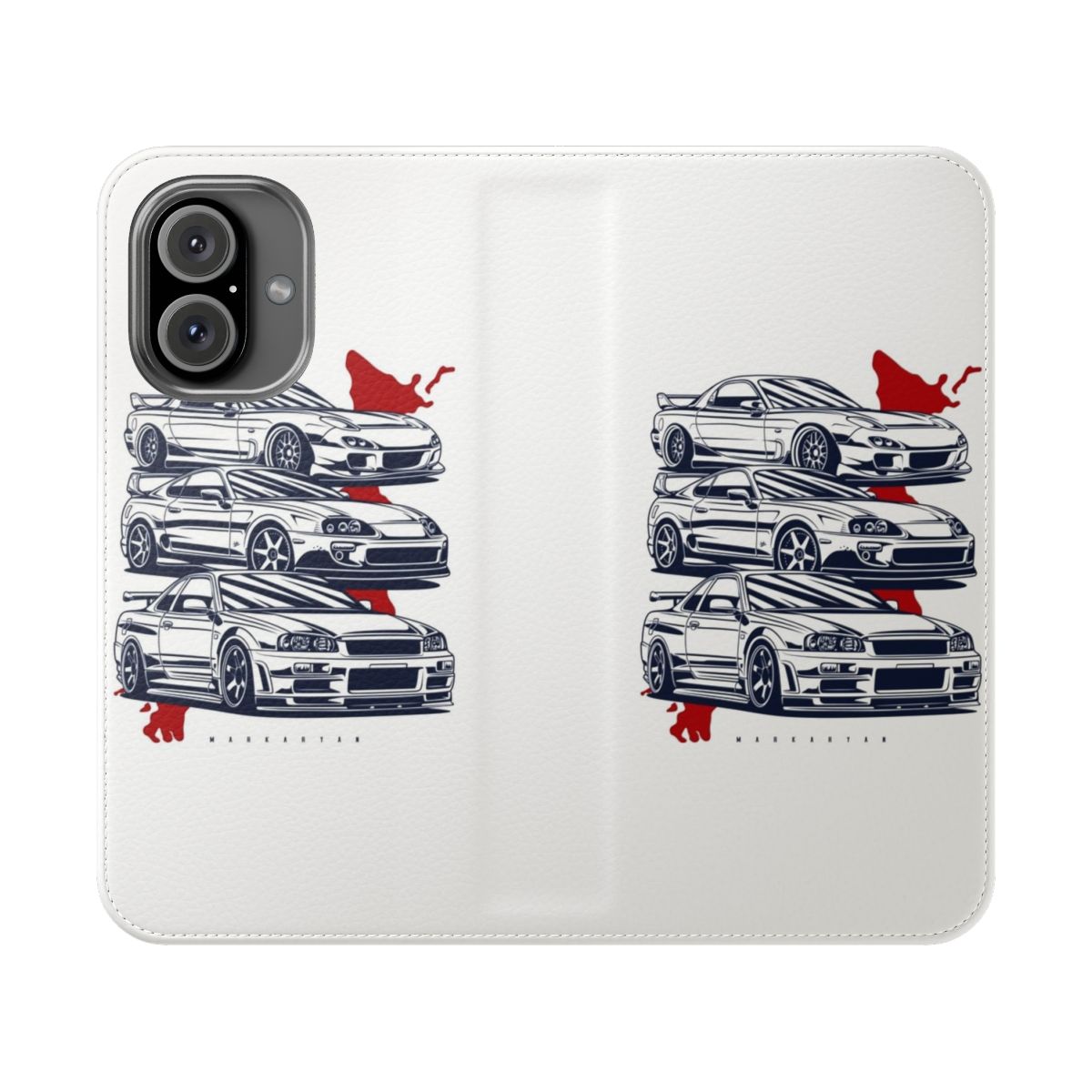 Flip cover phone case featuring JDM cars like RX7, Skyline GTR, and Supra