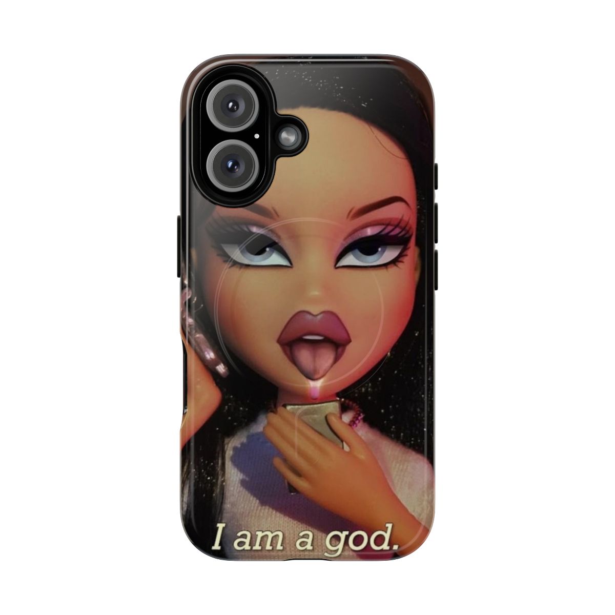 2000s style magnetic phone case with bold Bratz quote graphic