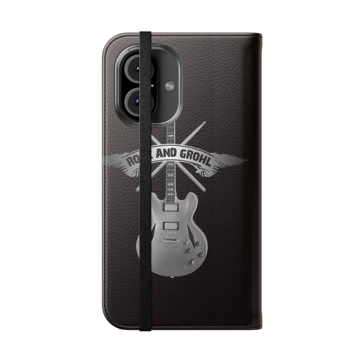 Flip cover phone case with an original design featuring drums and a guitar, perfect for rock music fans. - Folded Front