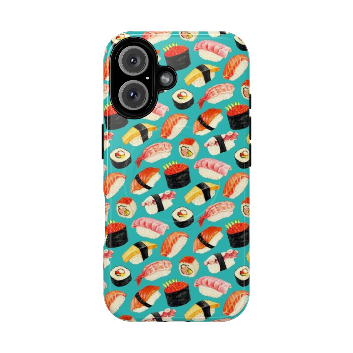 Magnetic tough phone case featuring a vibrant blue sushi pattern design.