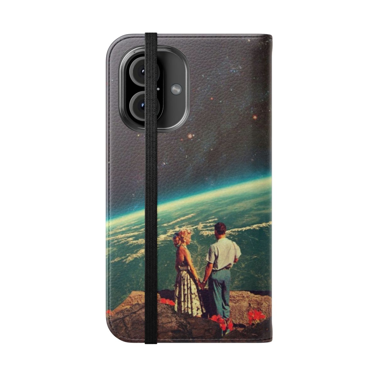 Vintage collage-style digital art phone case with space couple and stars - Folded Front