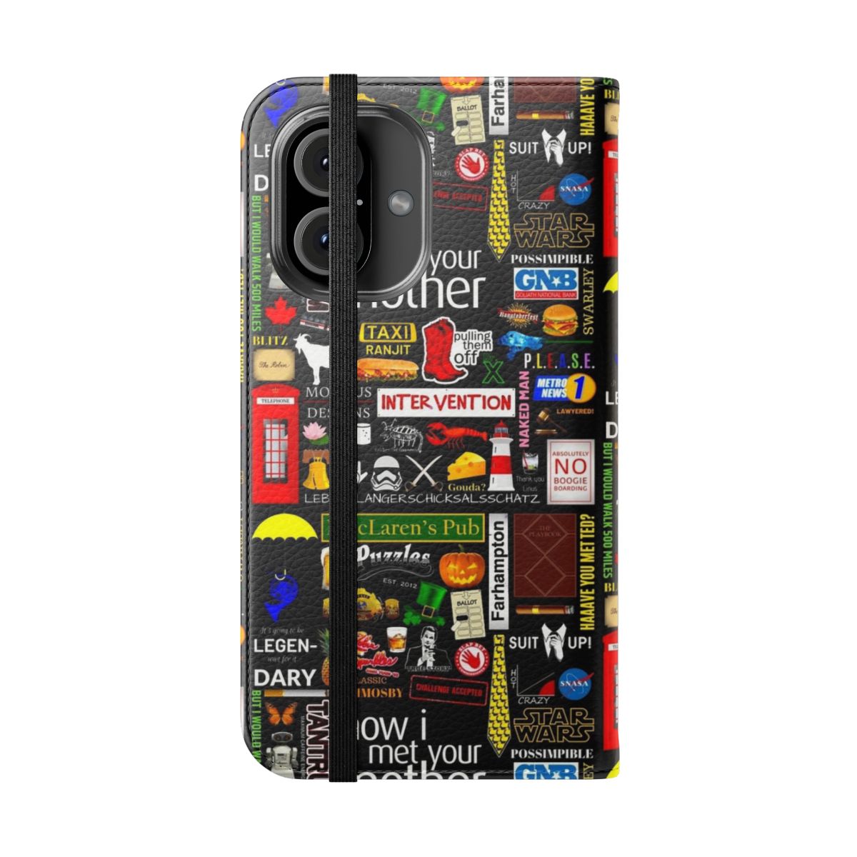 Themed collage phone case inspired by the TV series How I Met Your Mother, featuring iconic symbols and characters. - Folded Front