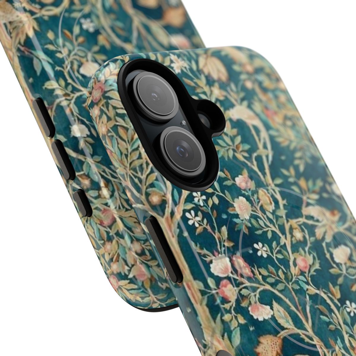 Floral arts and crafts inspired magnetic tough phone case with william morris strawberry thief design - Detail