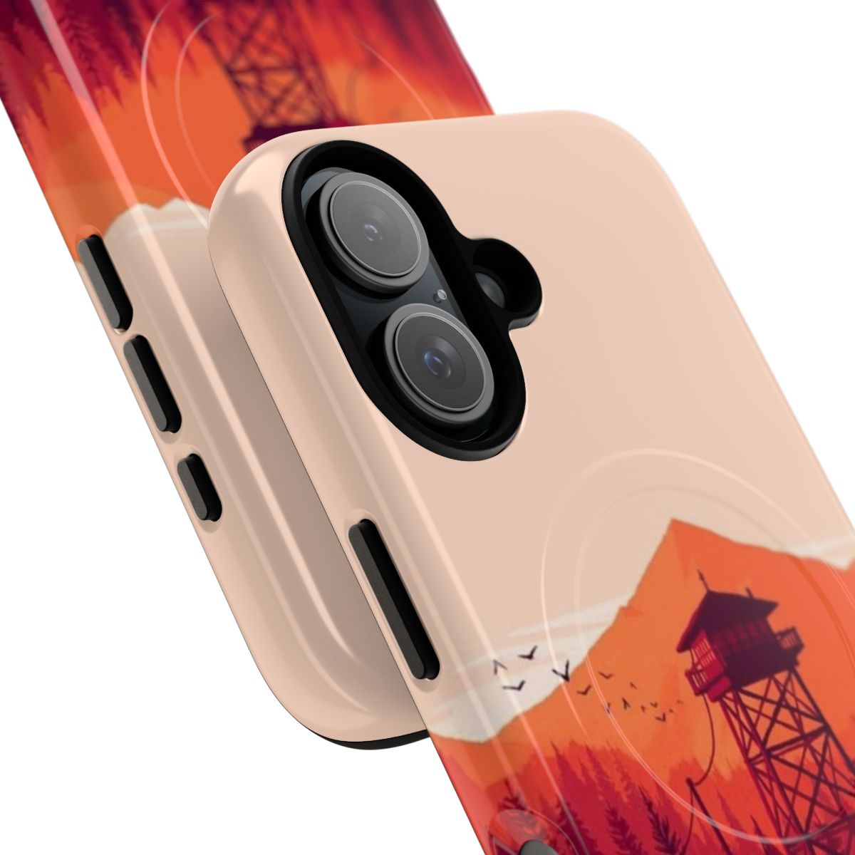 Firewatch-inspired nature landscape background on a protective magnetic tough phone case - Detail