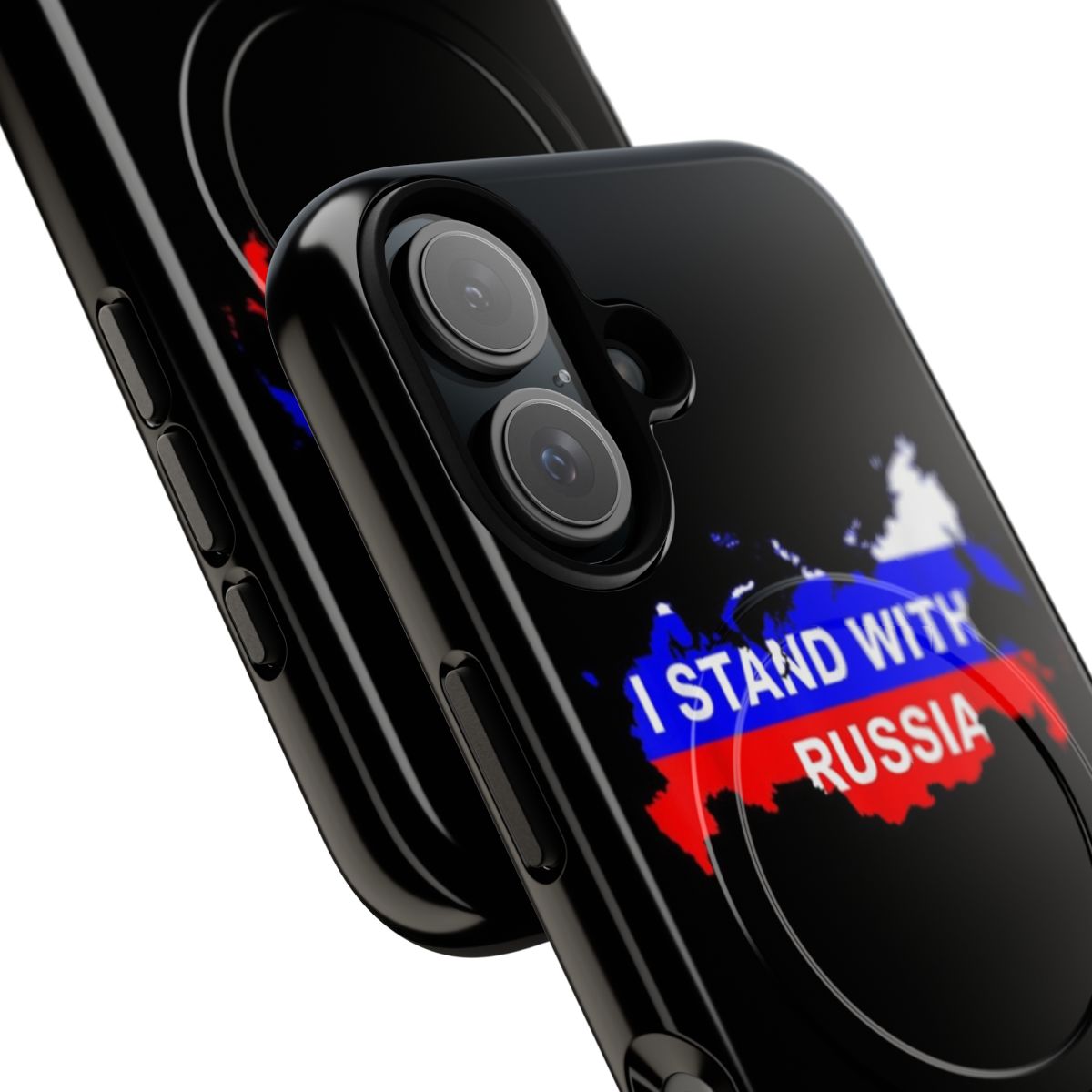 Patriotic magnetic tough phone case with Russia, Ukraine, and American flag designs - Detail