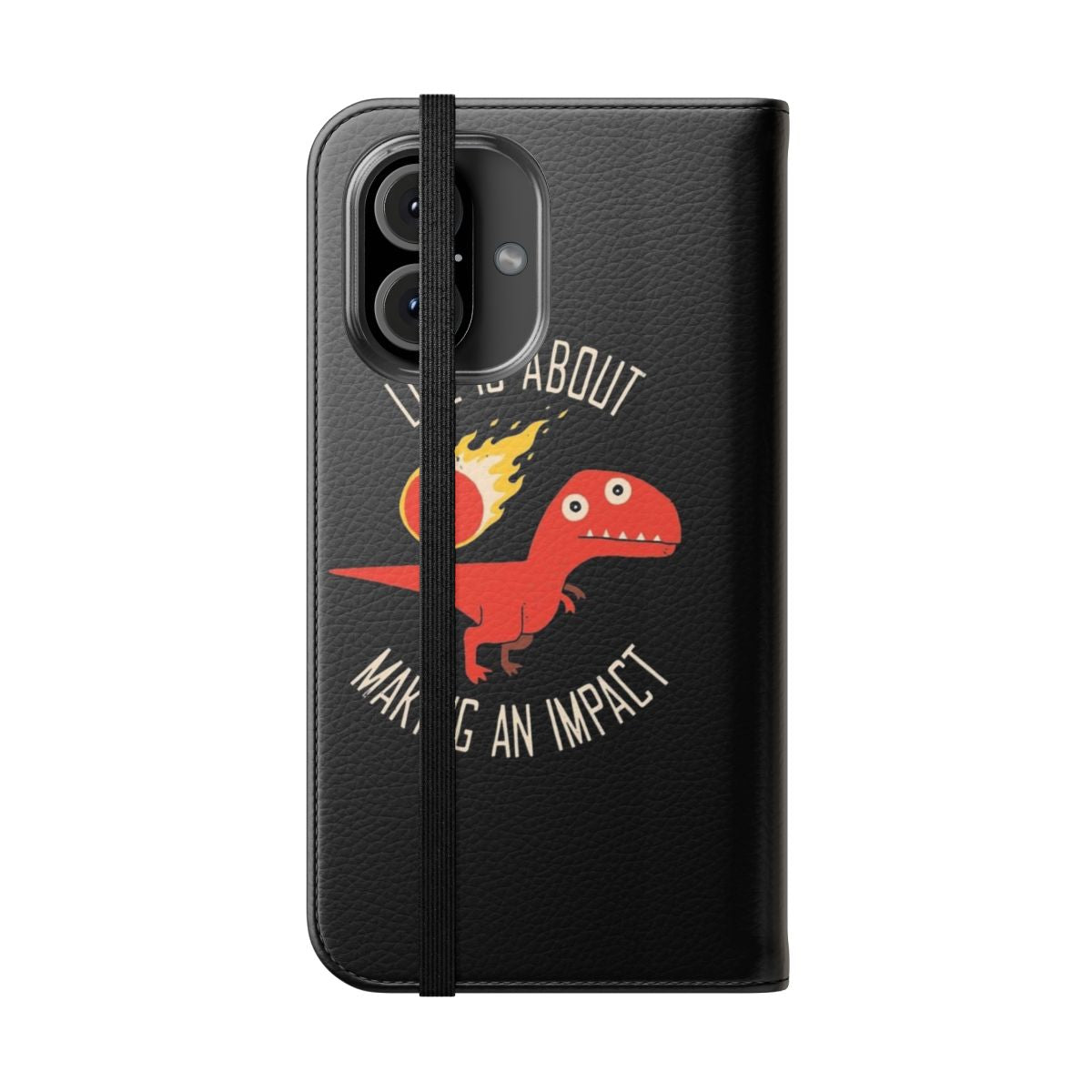 Dinosaur themed flip cover phone case with typography and character design - Folded Front