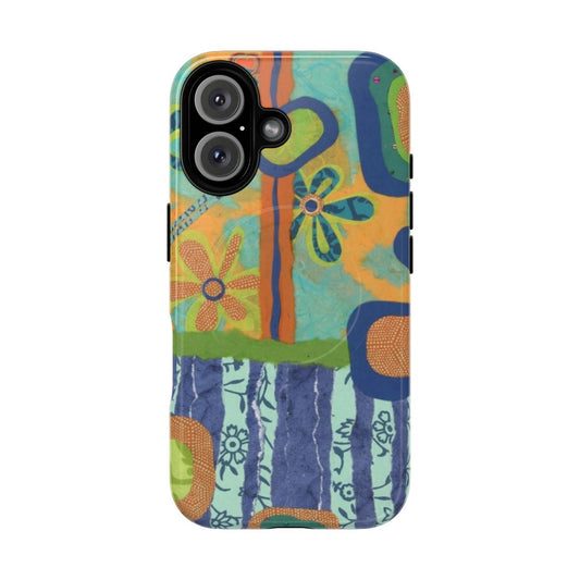 Colorful abstract collage phone case featuring stripes, flowers, and shapes in shades of orange, blue, turquoise, and green.