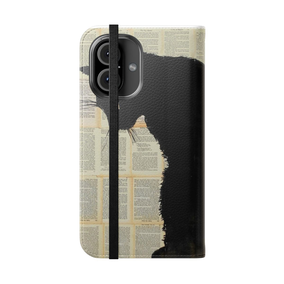 Artistic cat-themed flip cover phone case with book pages and ink design - Folded Front