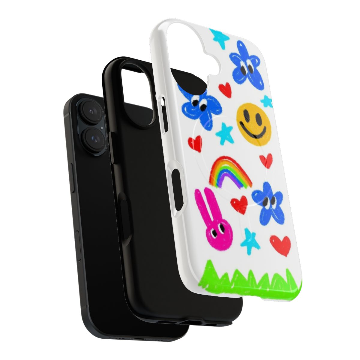 Vibrant doodle-inspired phone case with rainbow, hearts, and smiley face designs - Layers