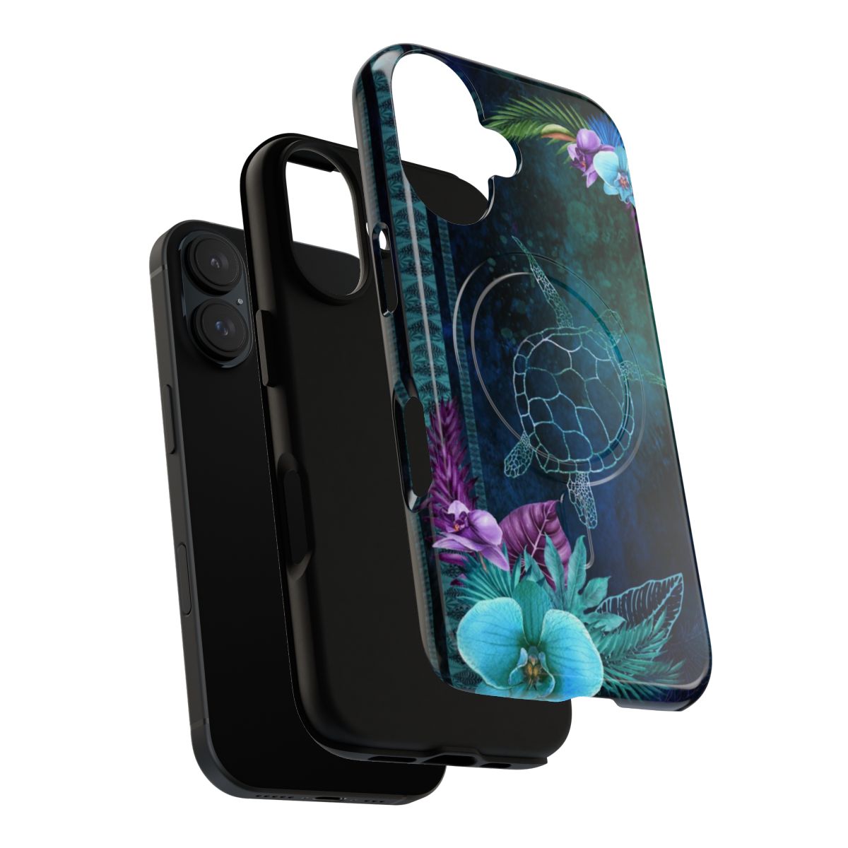 Vibrant phone case with Hawaiian sea turtle and tropical floral design - Layers