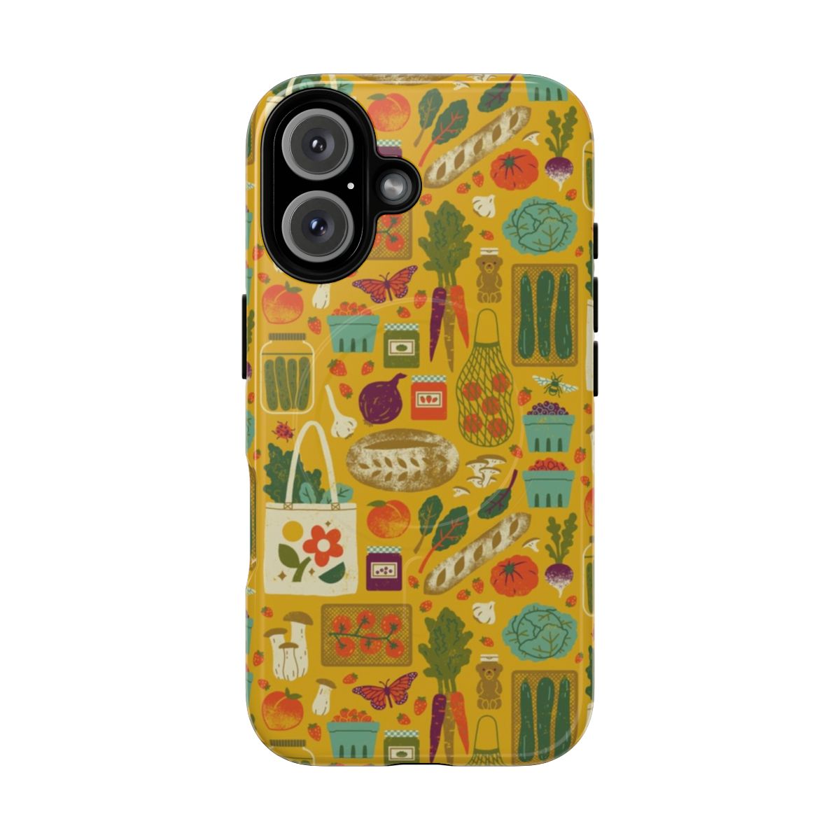 Farmers market-themed magnetic tough phone case with illustrations of produce and nature