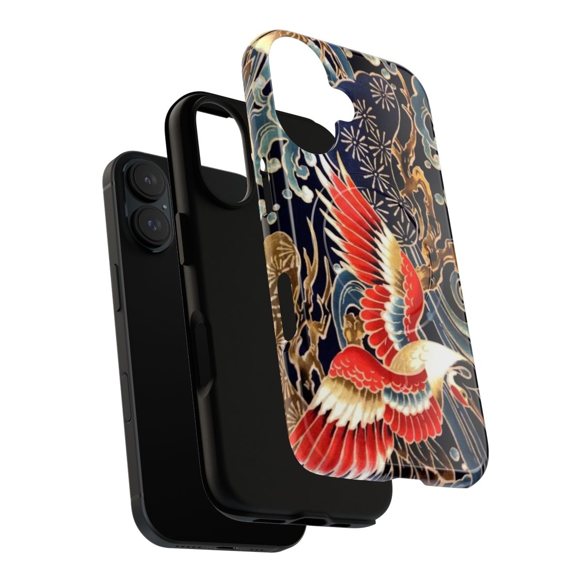 Colorful Japanese-style phone case featuring elegant cranes, floral patterns, and ocean waves in red, navy blue, and white. - Layers