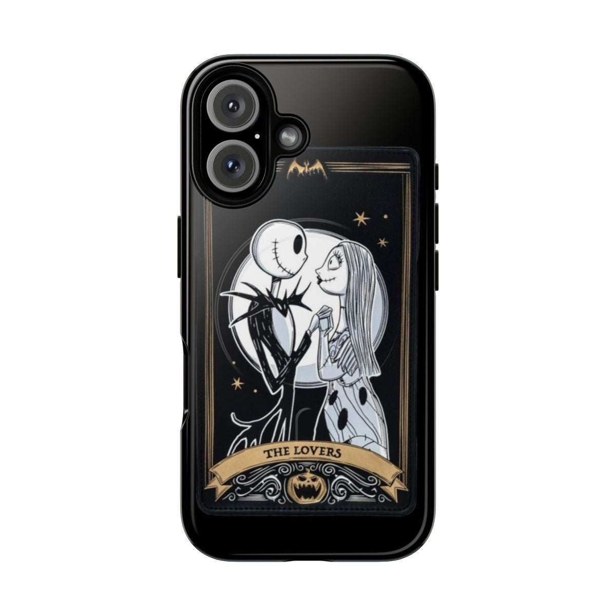 A sleek and durable phone case featuring a design inspired by the classic film "The Nightmare Before Christmas" and the Tarot's "The Lovers" card.