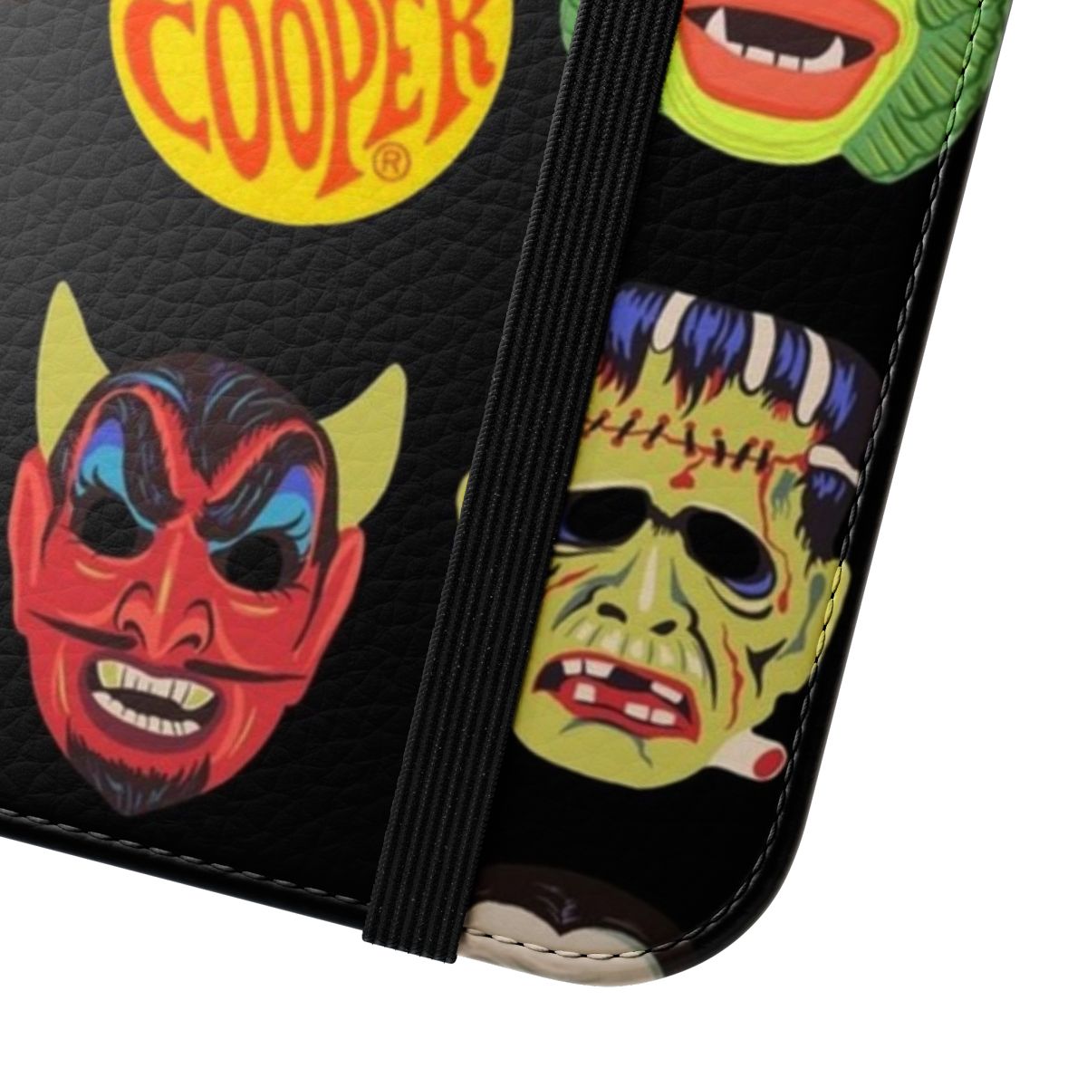 Vintage-style Halloween masks phone case featuring classic monster designs - Close Up