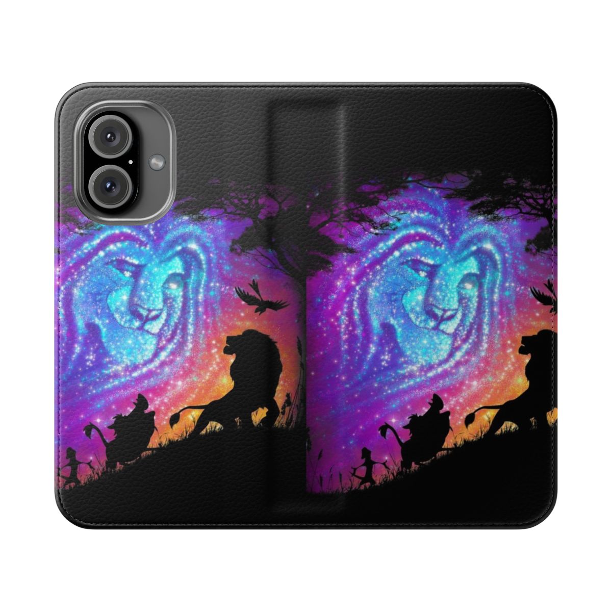 Flip phone case with a vibrant lion king-themed design featuring Mufasa, Simba, Timon, and Pumba in the African savannah.