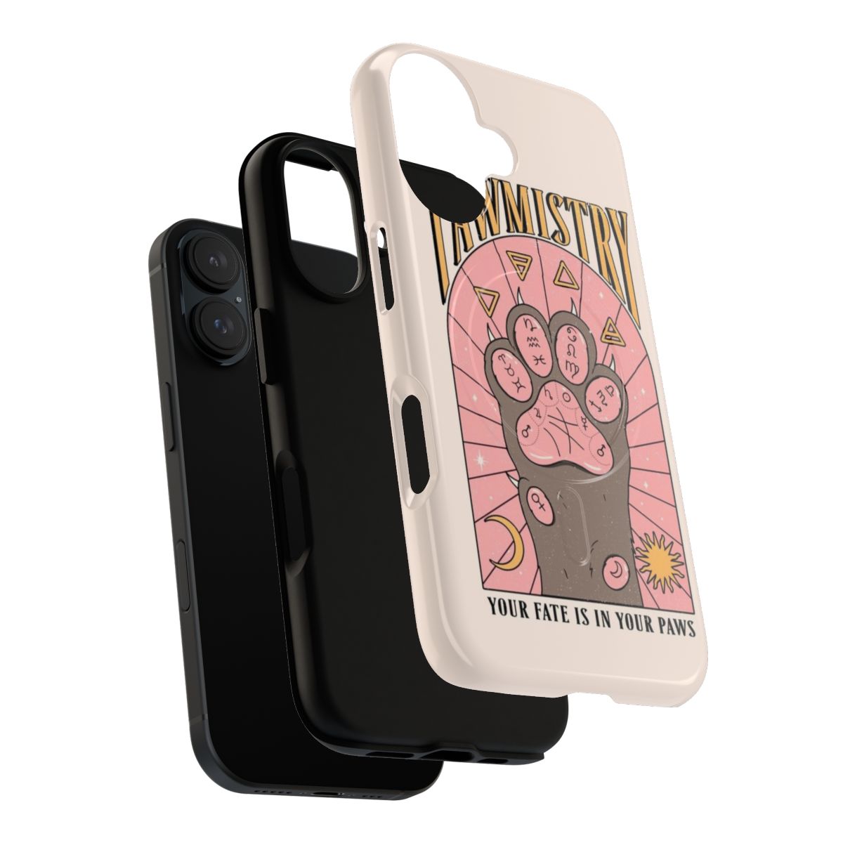 Close-up of cat paws on a magnetic phone case with palm reading and zodiac design - Layers