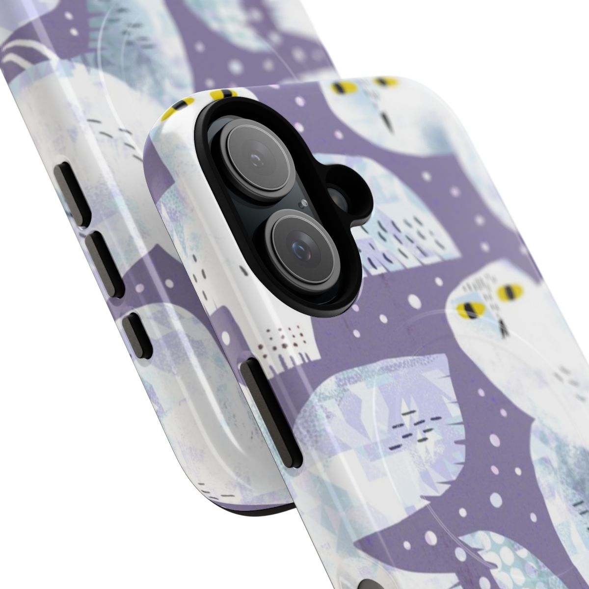 Snowy owl perched on a branch in a snowy winter landscape, featured on a stylish and protective magnetic phone case. - Detail