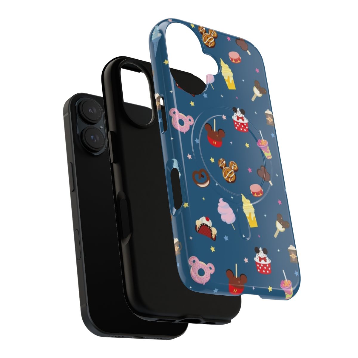 Magical kingdom-themed phone case featuring a kawaii pattern with icons of donuts, candied apples, dole whip, and other Disney-inspired treats. - Layers